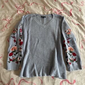 Light Blue V-Neck Sweater with Floral Embroidered Sleeves